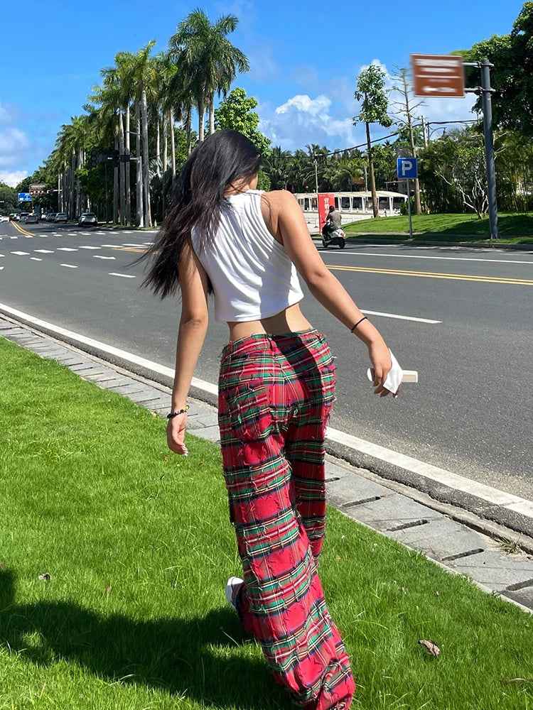 Durable Red Block Plaid Ripped Pants