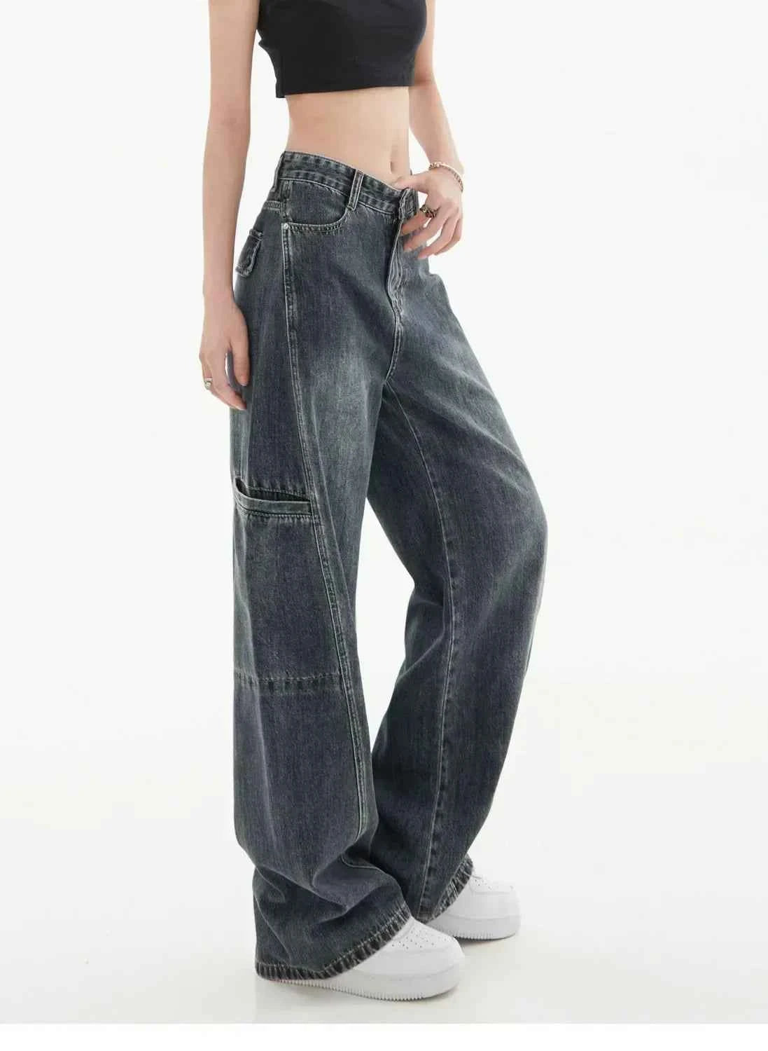 Women Vintage Washed Cargo Wide Leg Jeans