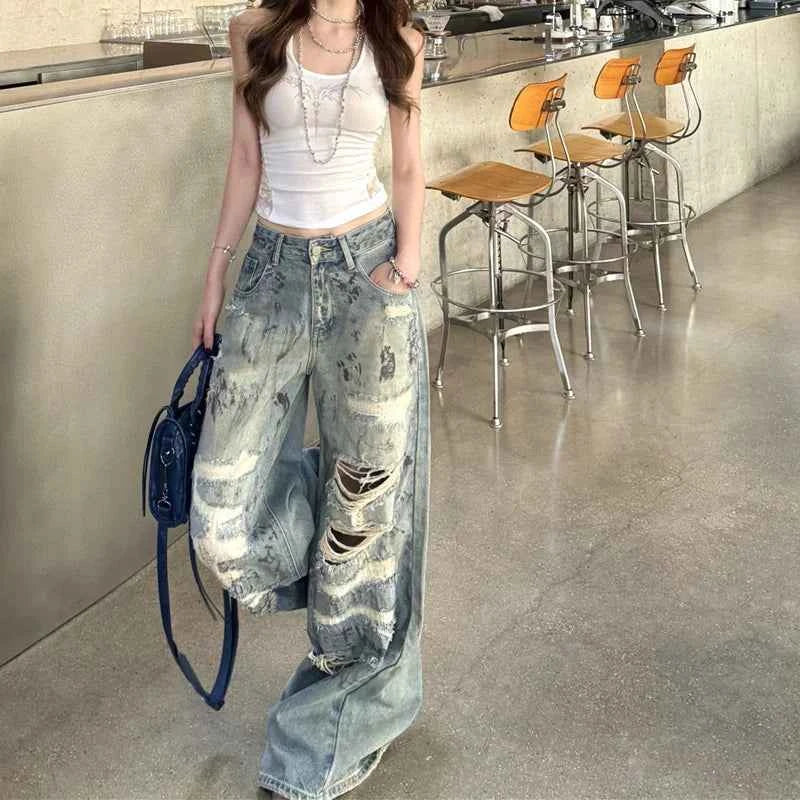 Vintage American Style Low Rise Ripped Jeans