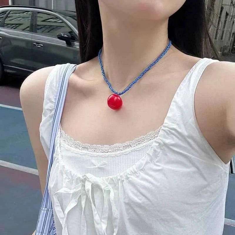 Blue Beaded Tomato Pendant Chain Necklace