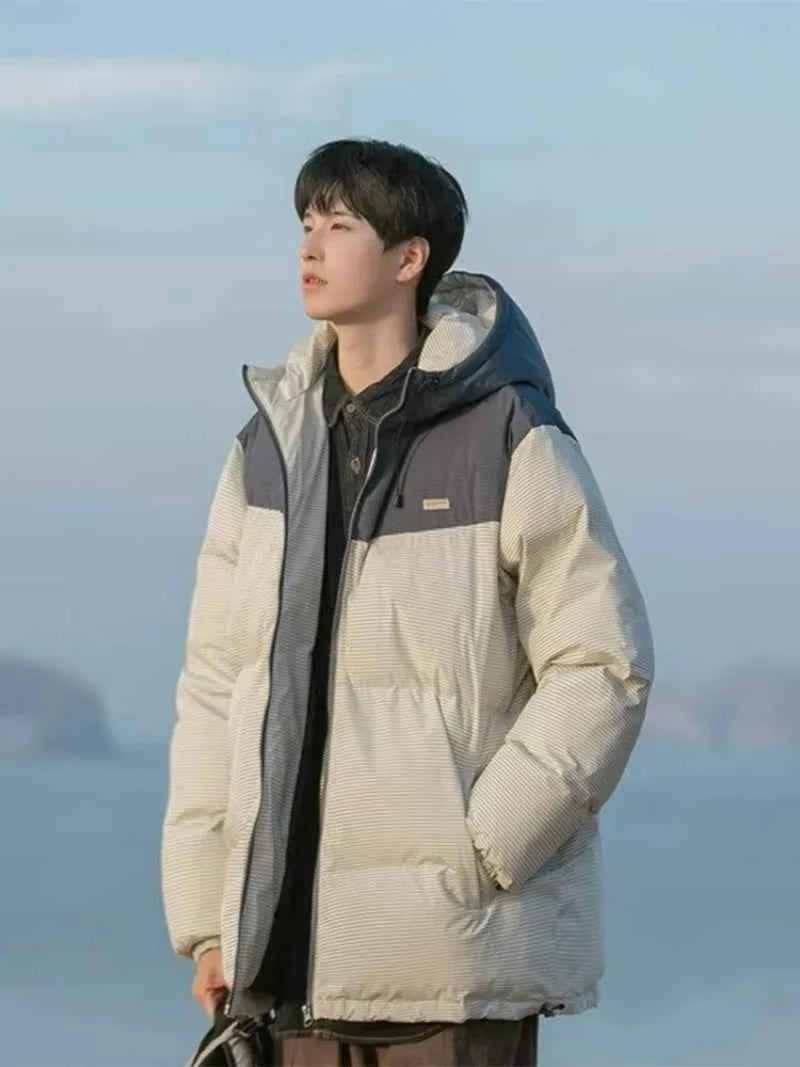 Patchwork Fashionable Hooded Fluffy Puffer Jacket