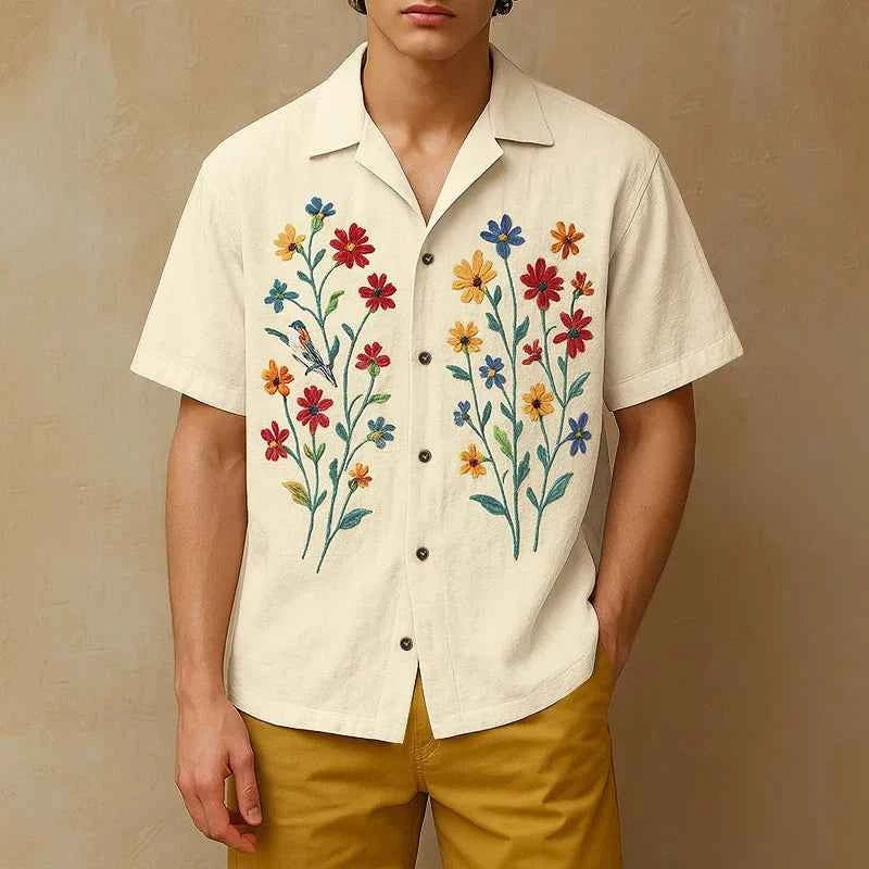 Flower Embroidered Lapel Casual Short Sleeve Shirt
