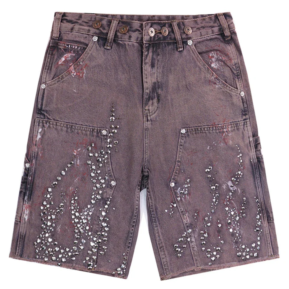 Fire Diamond Denim Rhinestone Shorts