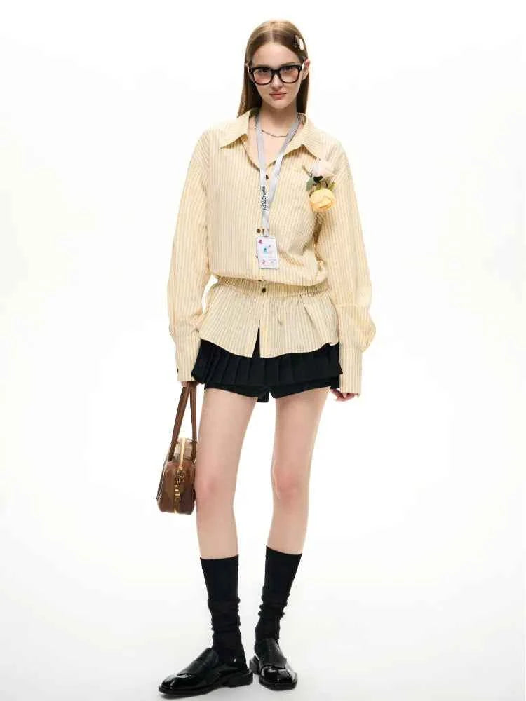 Yellow Striped Patchwork Pleated Dress Shirt