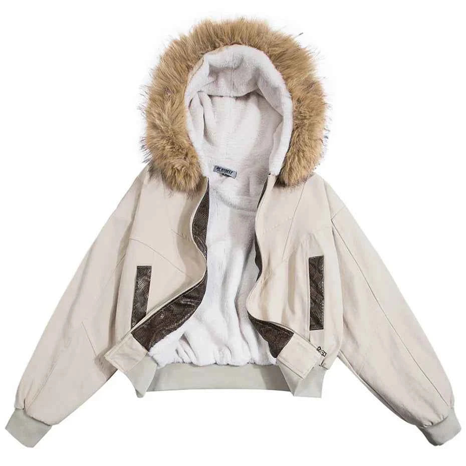Plush Fleece Fur Collar Parkas Windbreaker Jacket