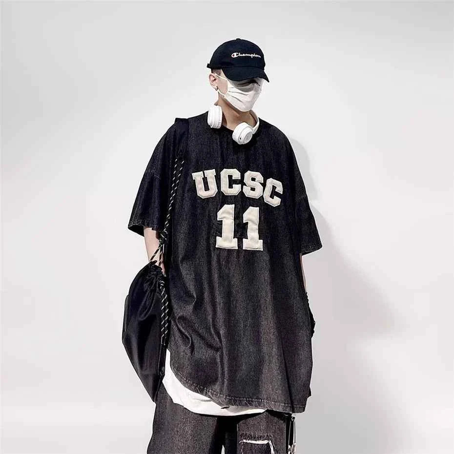Vintage Embroidered Denim Hip Hop T-Shirt