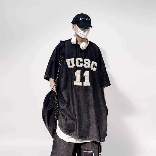 Vintage Embroidered Denim Hip Hop T-Shirt