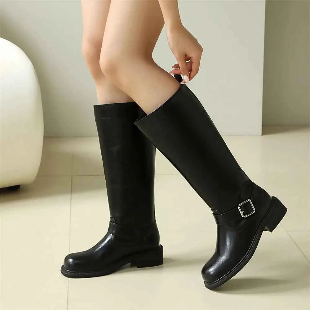 Retro Square High Heels Knee Leather Boots