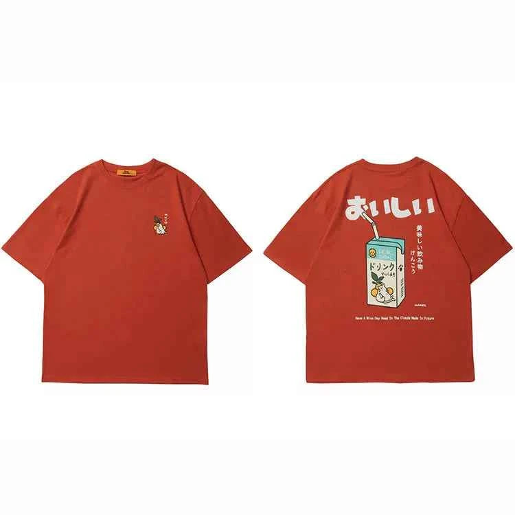 Oversize Japanese Kanji Letter Embroidered Drink T-Shirt