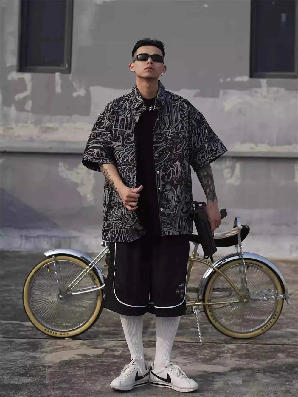 Vintage Style Letter Full Print Casual Short Sleeve Shirt