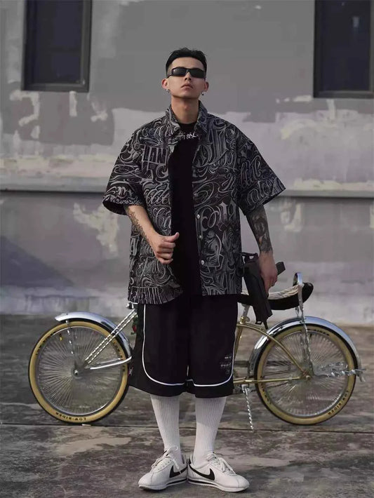 Vintage Style Letter Full Print Casual Short Sleeve Shirt