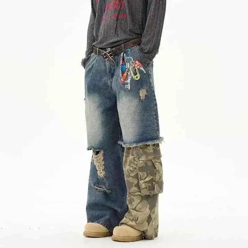 Long-lasting Retro Camo Print Splicing Design Jeans