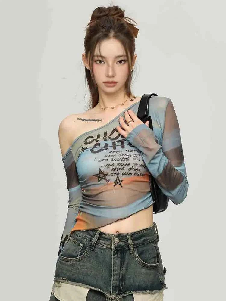 Women Gothic Mesh Long Sleeve T-Shirt