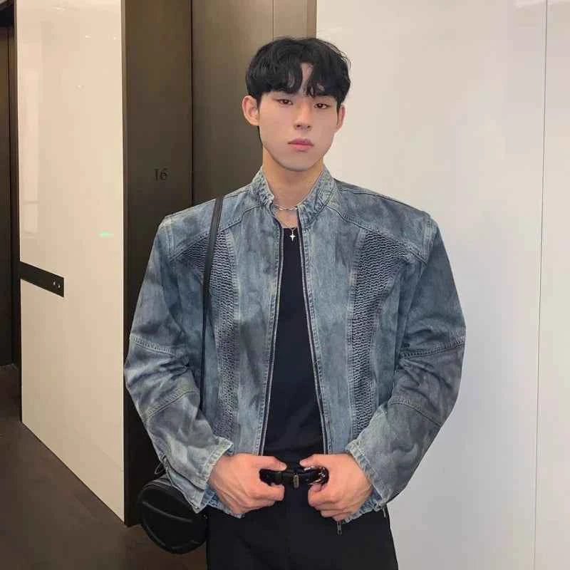 Wrinkle Spray Paint Denim Zipper Jacket