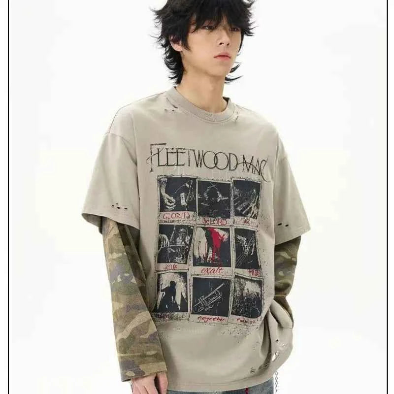Retro Punk Camouflage Ripped Long Sleeve T-Shirt