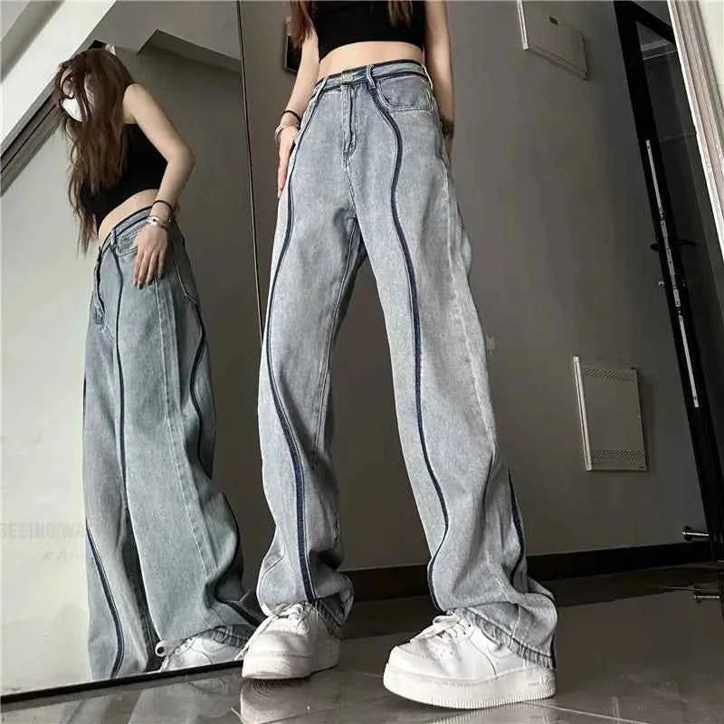 High Waisted Panelled Straight Leg Jeans