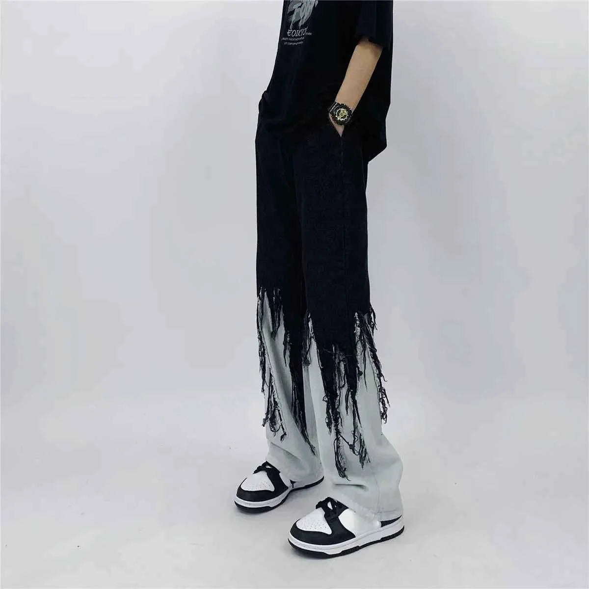 Flattering Contrast Color Tassel Loose Jeans