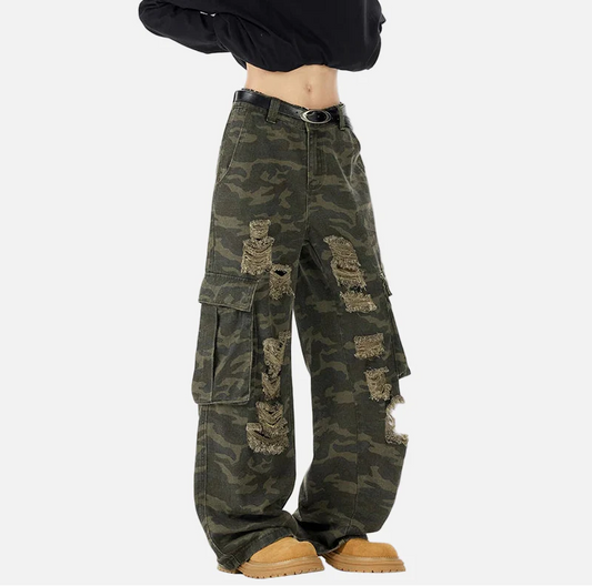 Camouflage Loose Ripped Straight Leg Cargo Jeans - Luxuryurbanwear