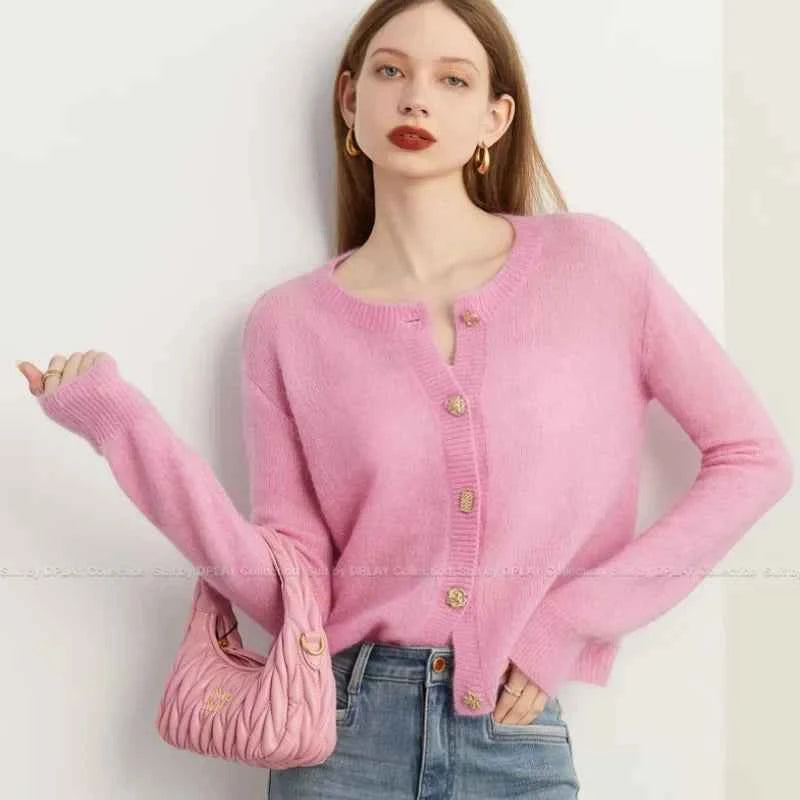 Women Pink French Knitted Button Cardigan