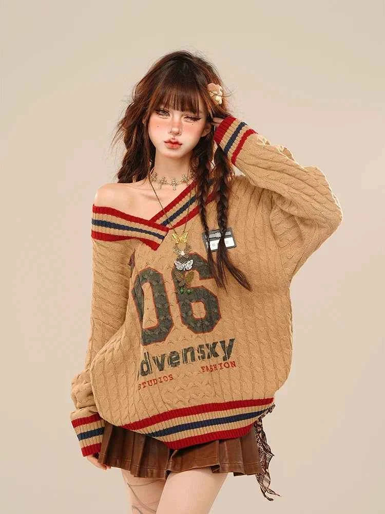 Cozy Vintage Letter Print Oversize Sweater