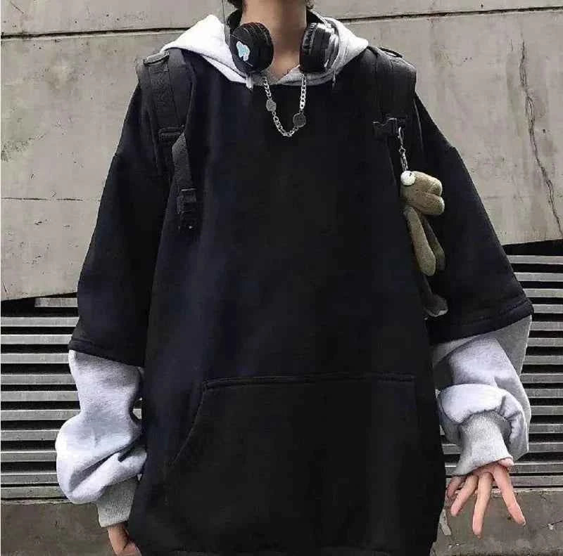 Y2K Streetwear Black Oversize Patchwork Hoodie