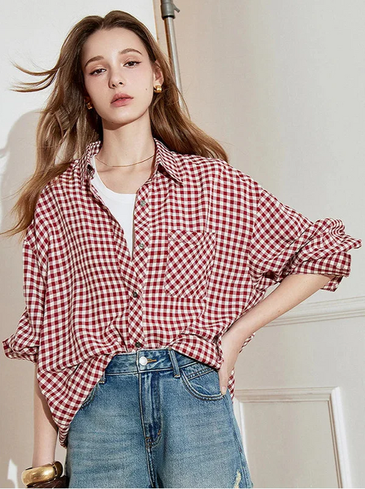 Women Plaid Retro Long Sleeve Blouse Shirt - Luxuryurbanwear