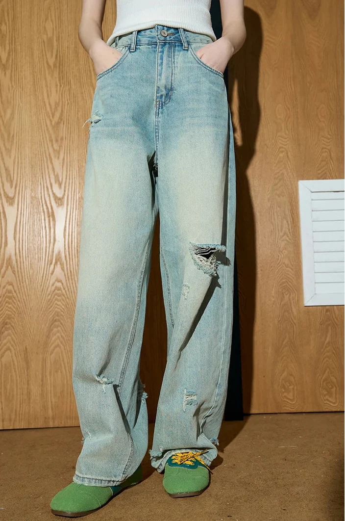 Streetwear High Waist Distressed Wide Leg Jeans - Luxuryurbanwear