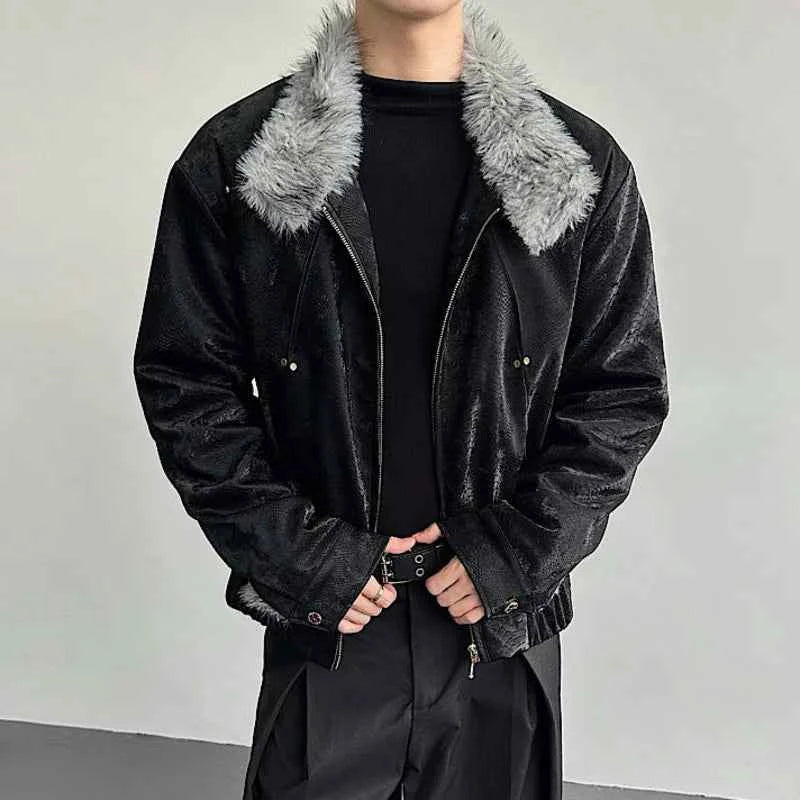Niche Design Diamonds Fur Collar PU Leather Jacket