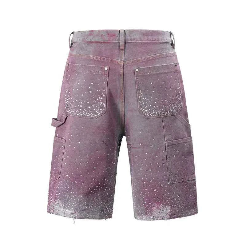 Streetwear Retro Rhinestone Distressed Denim Short