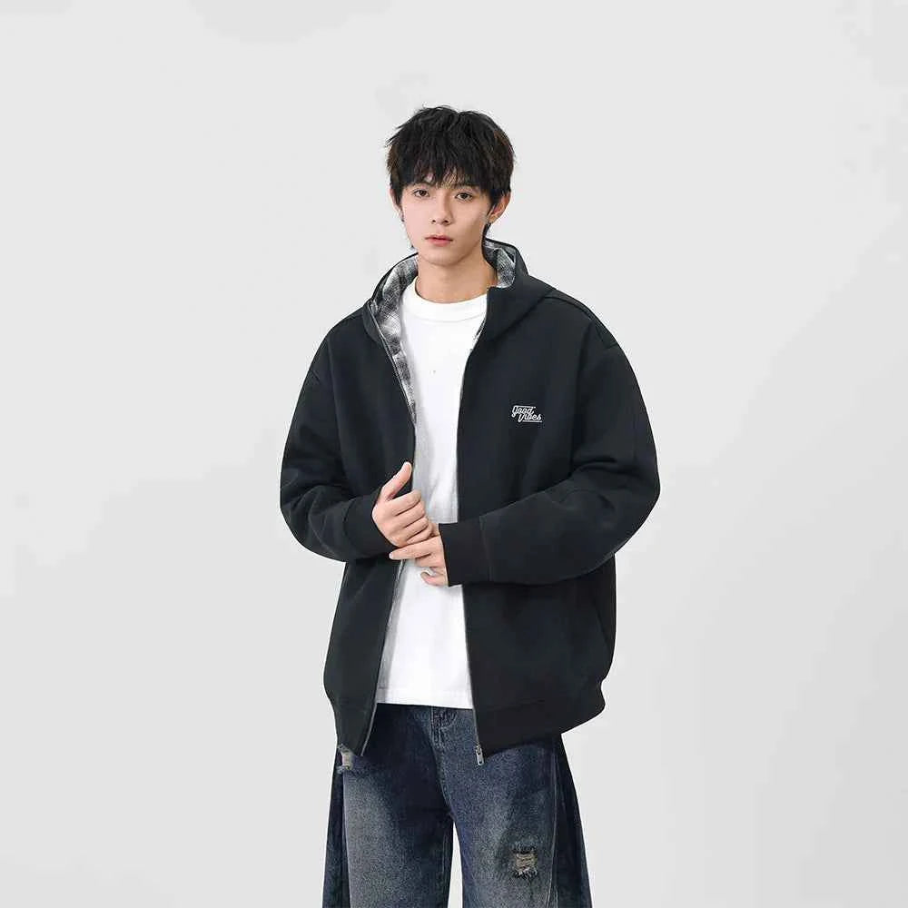 Y2K Warm Plaid Lined Zip-Up Hooded Sweatshirt