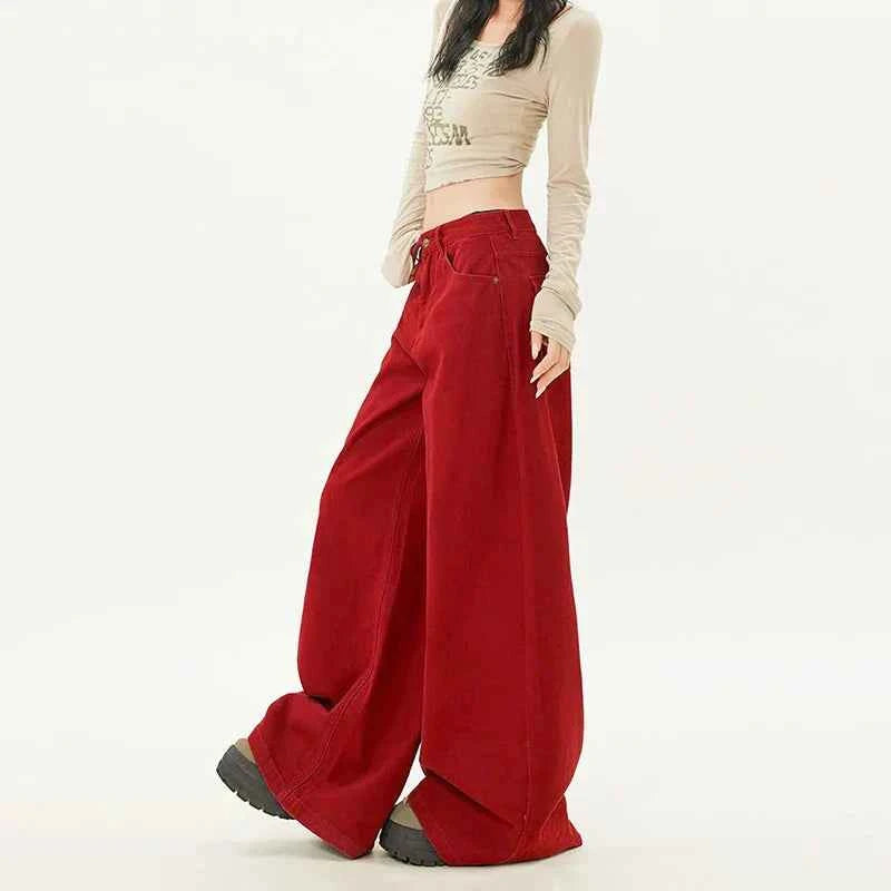 Trendy Cute Oversized Red Baggy Wide Leg Jeans