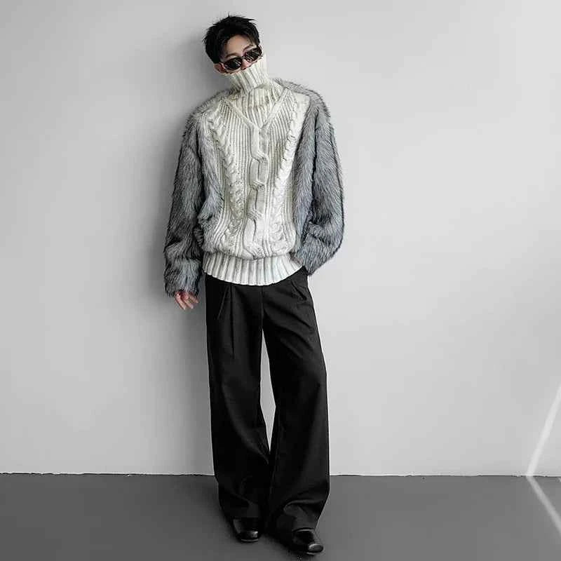 Luxury Faux Fur Patchwork Turtleneck Sweater