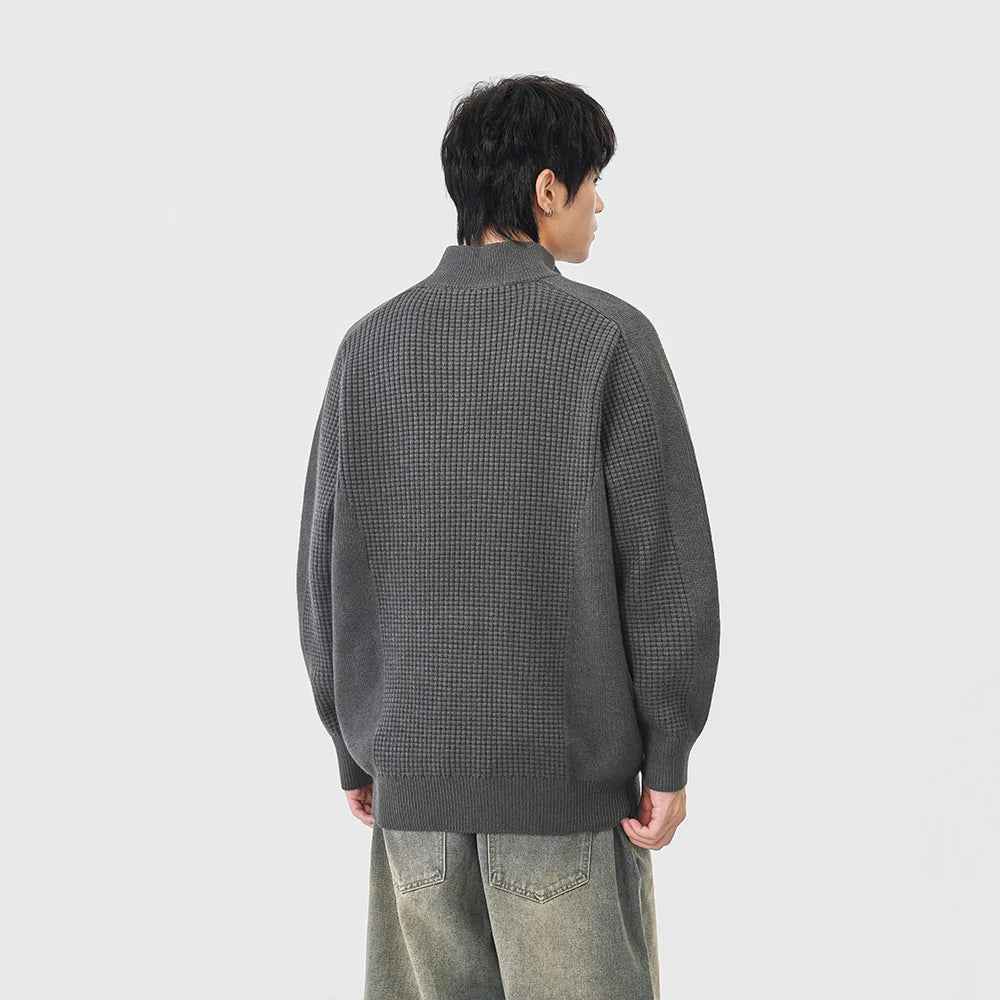 Cozy Mock Neck Half Zipper Waffle Knit Sweater