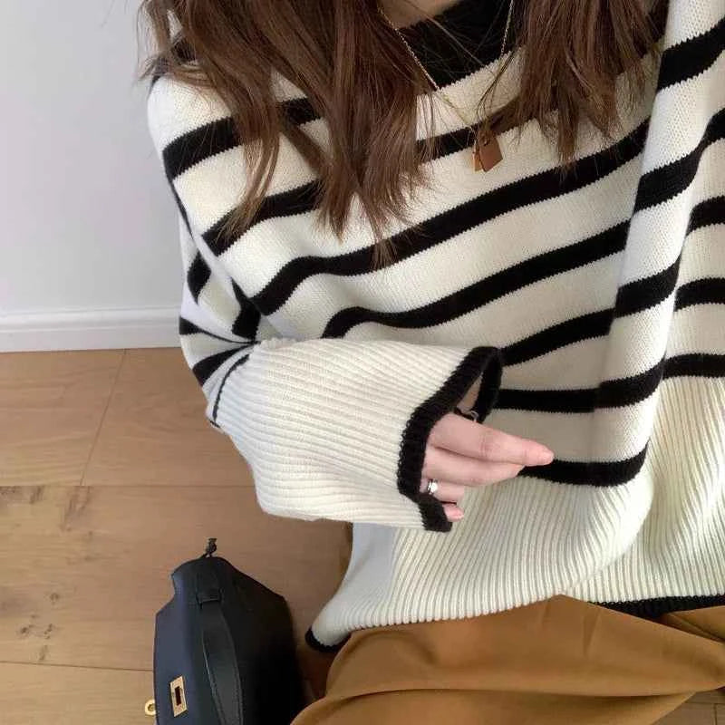Women Chic Korean Striped Loose Knit Sweater