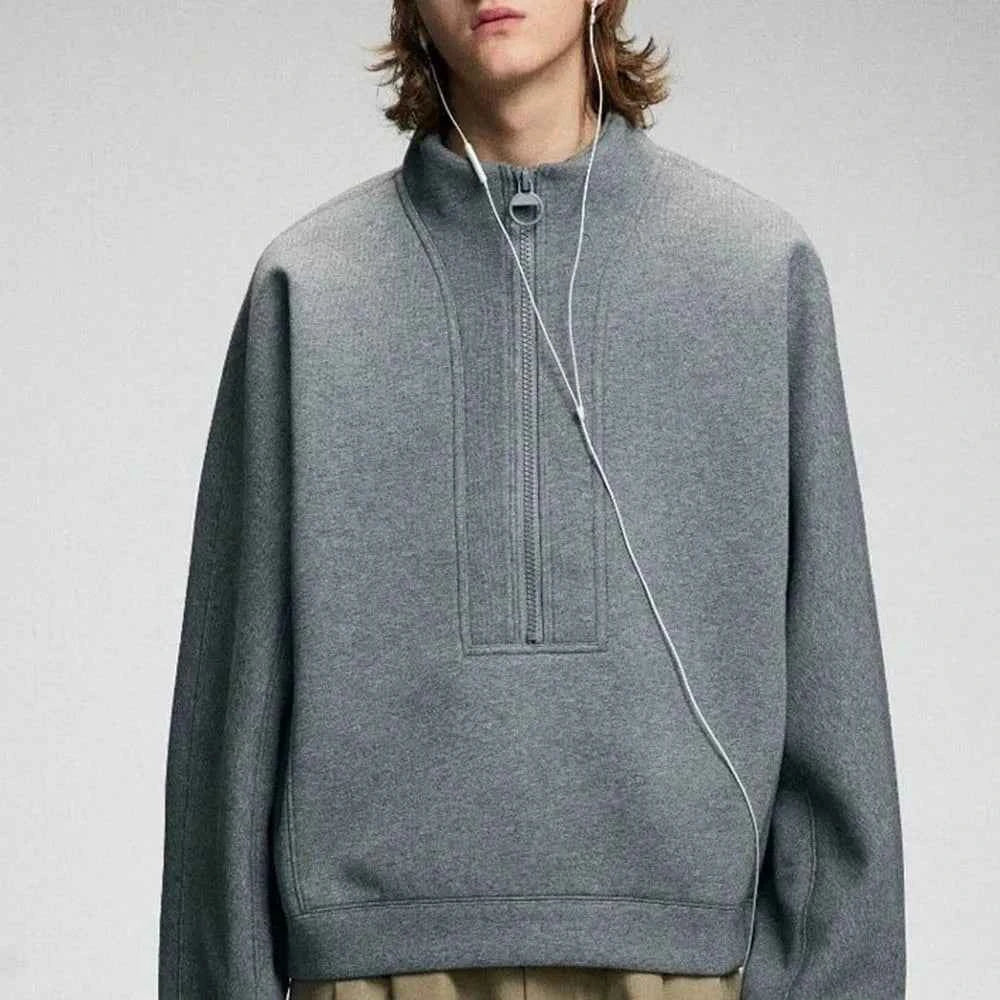 Solid Color Half Zipper Long Sleeved Sweatshirt