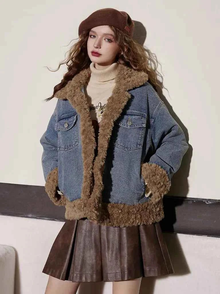 Women Stylish Warm Fleece Cowboy Denim Jacket