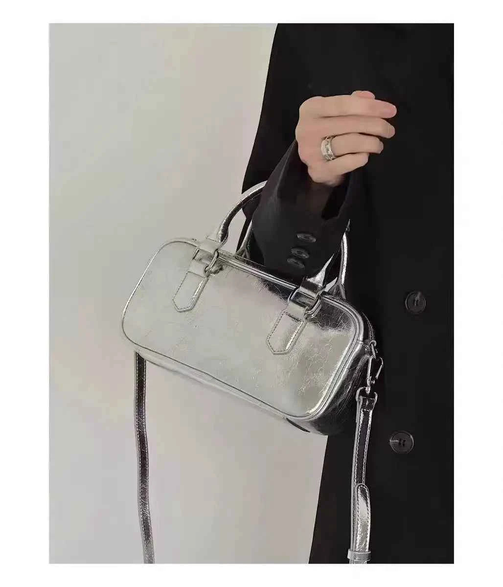 Purse Silver Square Leather Messenger Bag