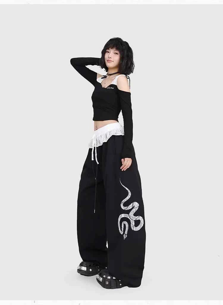 Snake Patch Embroidery Lace Hip Pants