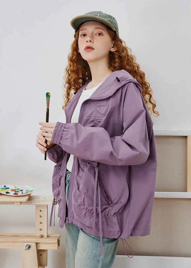 Minimalist Pleated Loose Fit Hooded Windbreaker Jacket