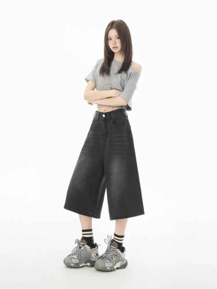 Women Casual Chic Black Wide Leg Denim Jorts