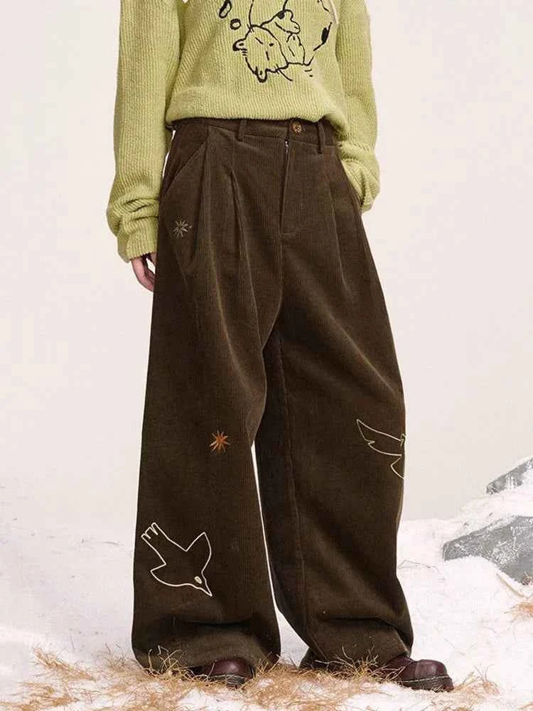 Embroidered Dove Brown Corduroy Pants