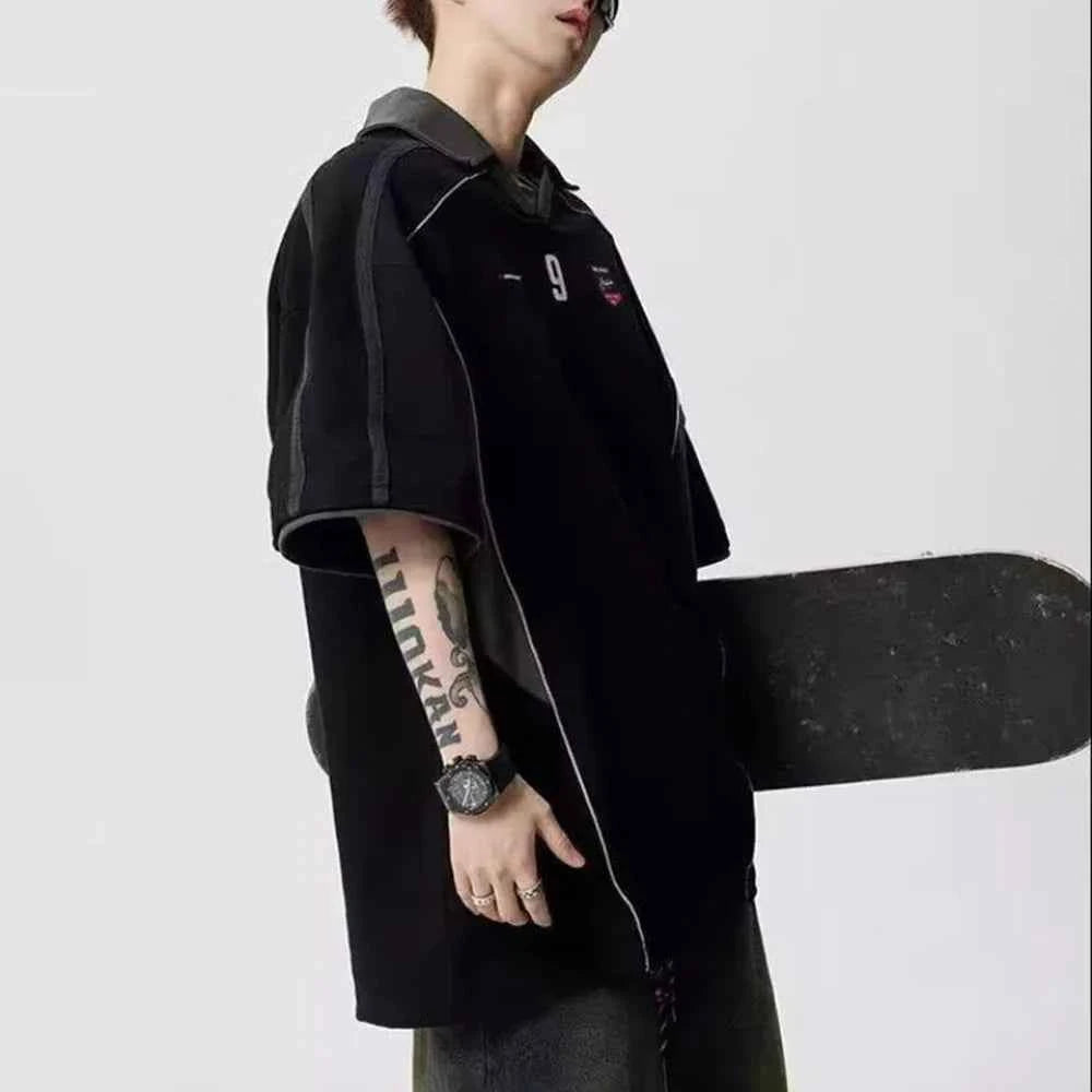 Letter Print Patchwork Retro Trend Polo T-Shirt