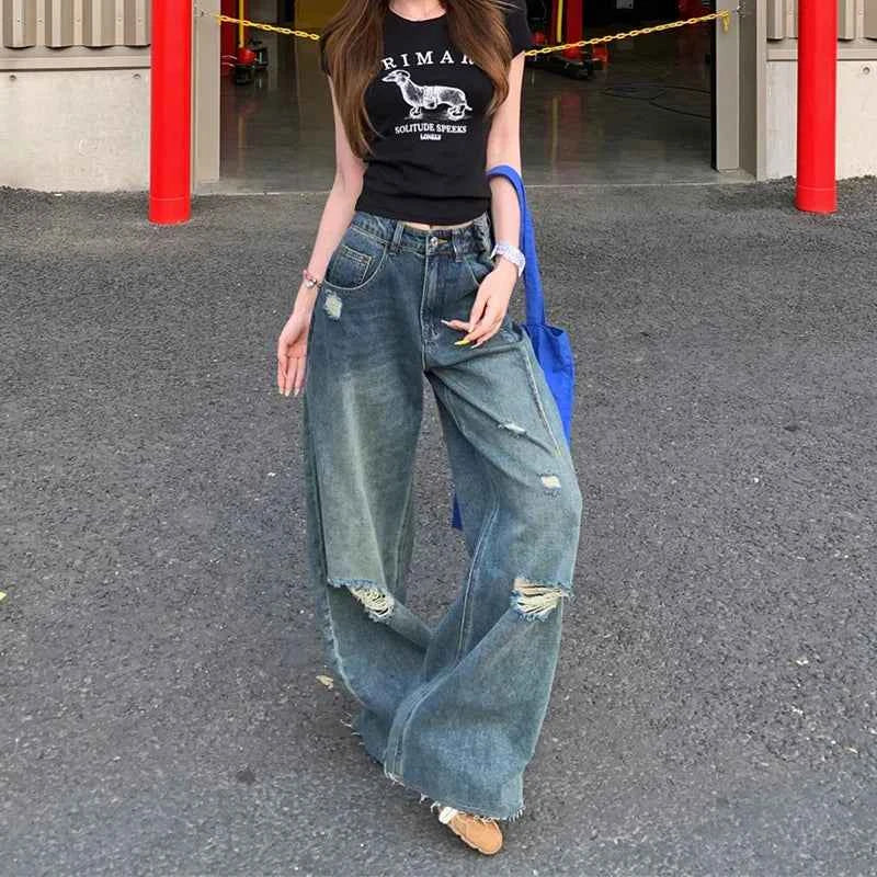 Retro Streetwear Washed High Waist Ripped Jeans