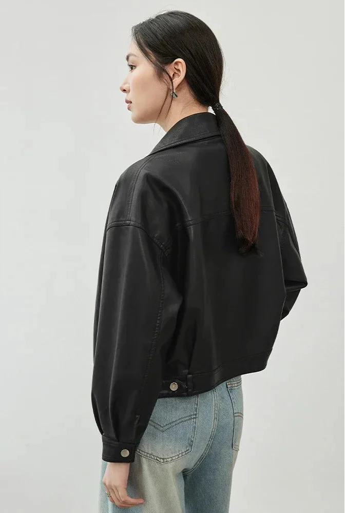 Stylish Faux Long Sleeve Leather Jacket - Luxuryurbanwear