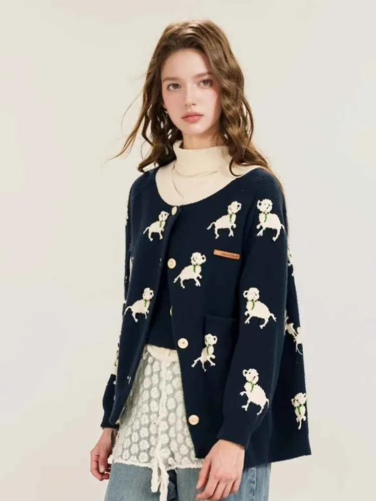 Cozy French Puppy Jacquard Knit Cardigan