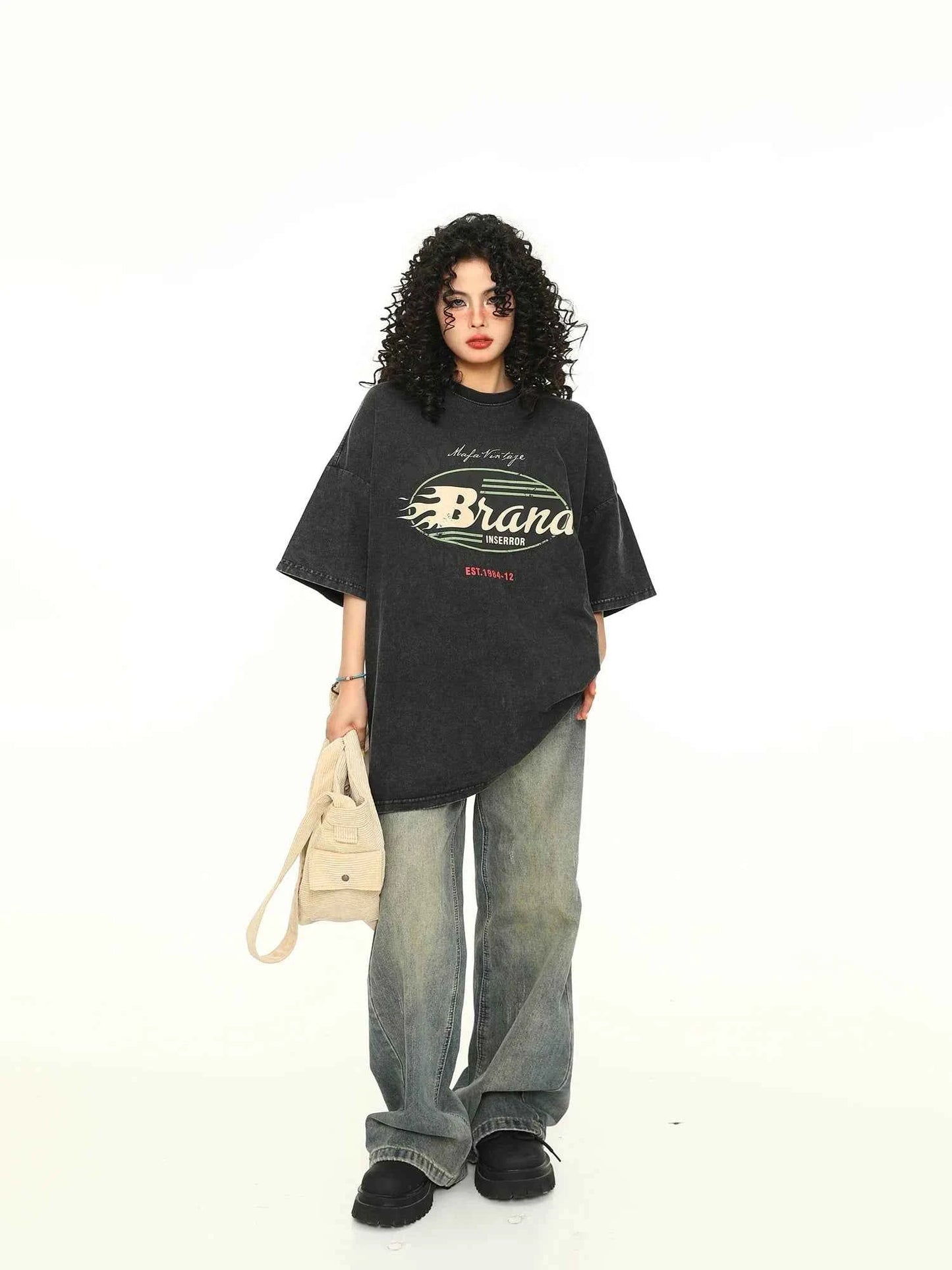 Vintage Alphabet Print Loose Cotton T-Shirt