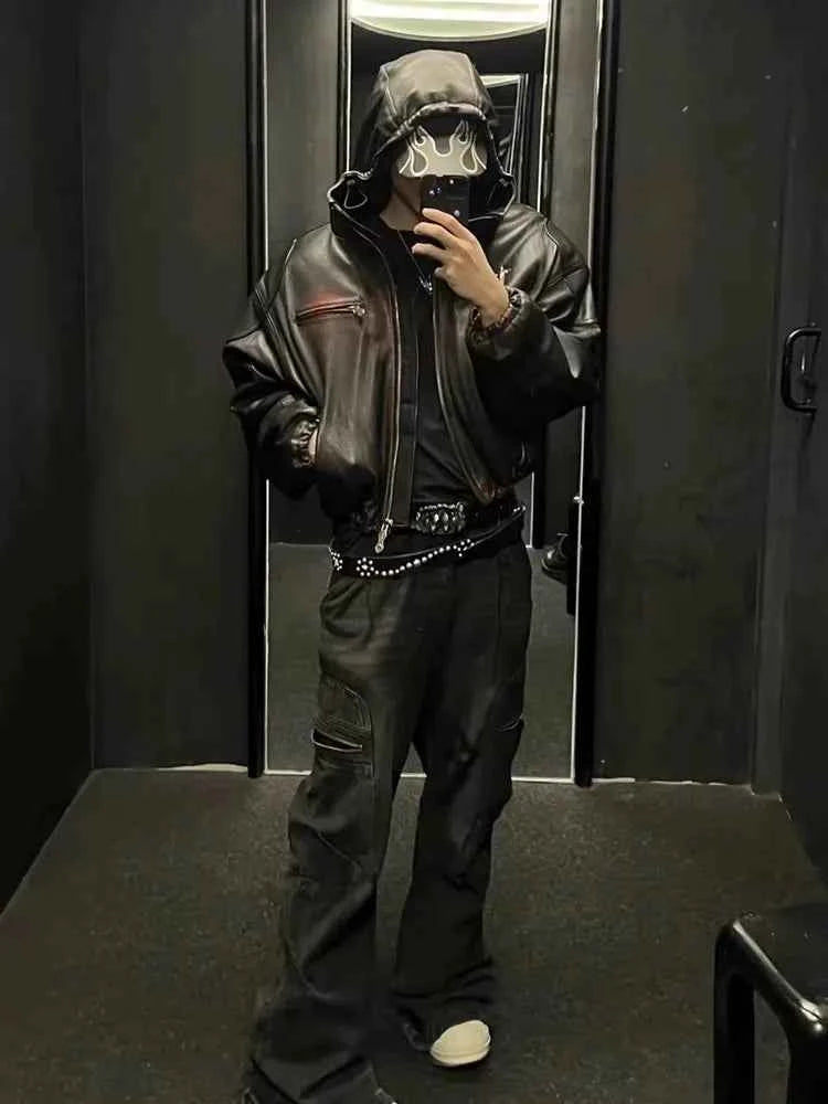 Heavyweight Motorcycle Leather Hooded Jacket