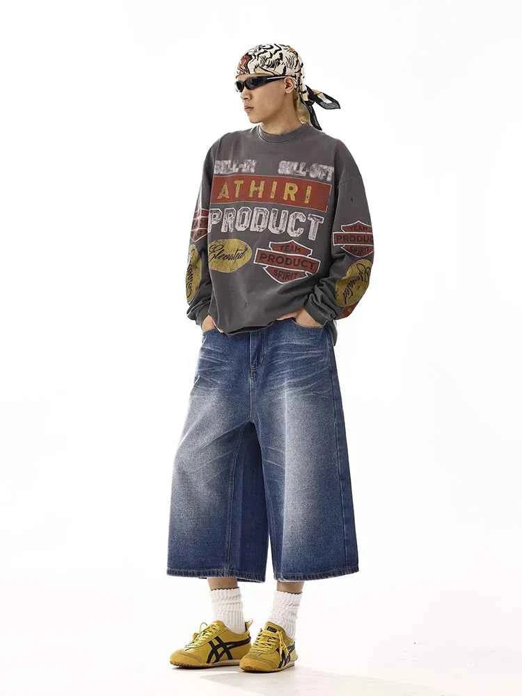 Vintage Blue Brushed Wide Leg Denim Jorts