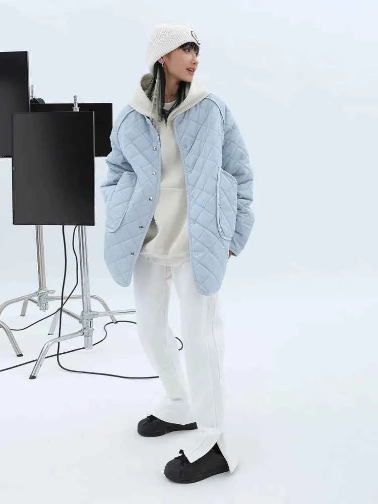 Winter Warm Diamond Grid Blue Cotton Jacket