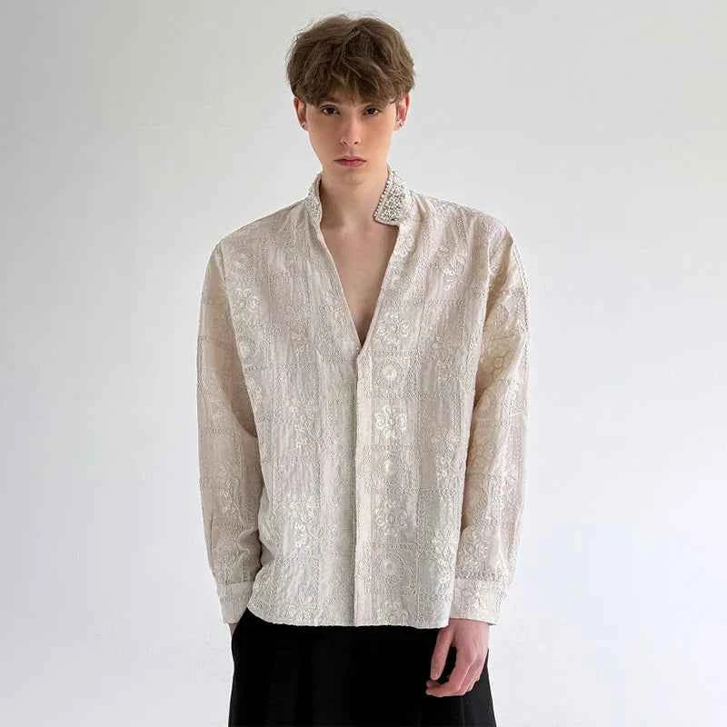 Luxury Pearl Patchwork Long Sleeve Shirt